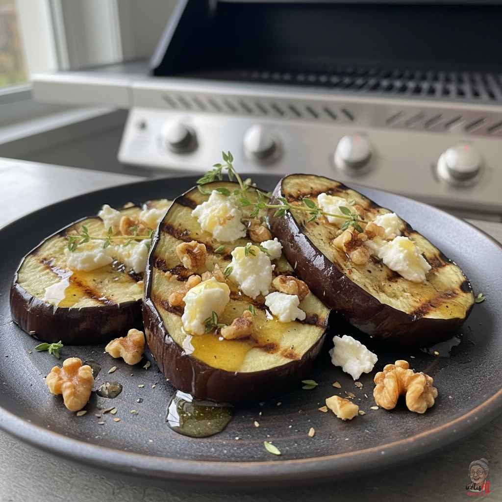 Chèvre Auberginenfächer — Gasgrill