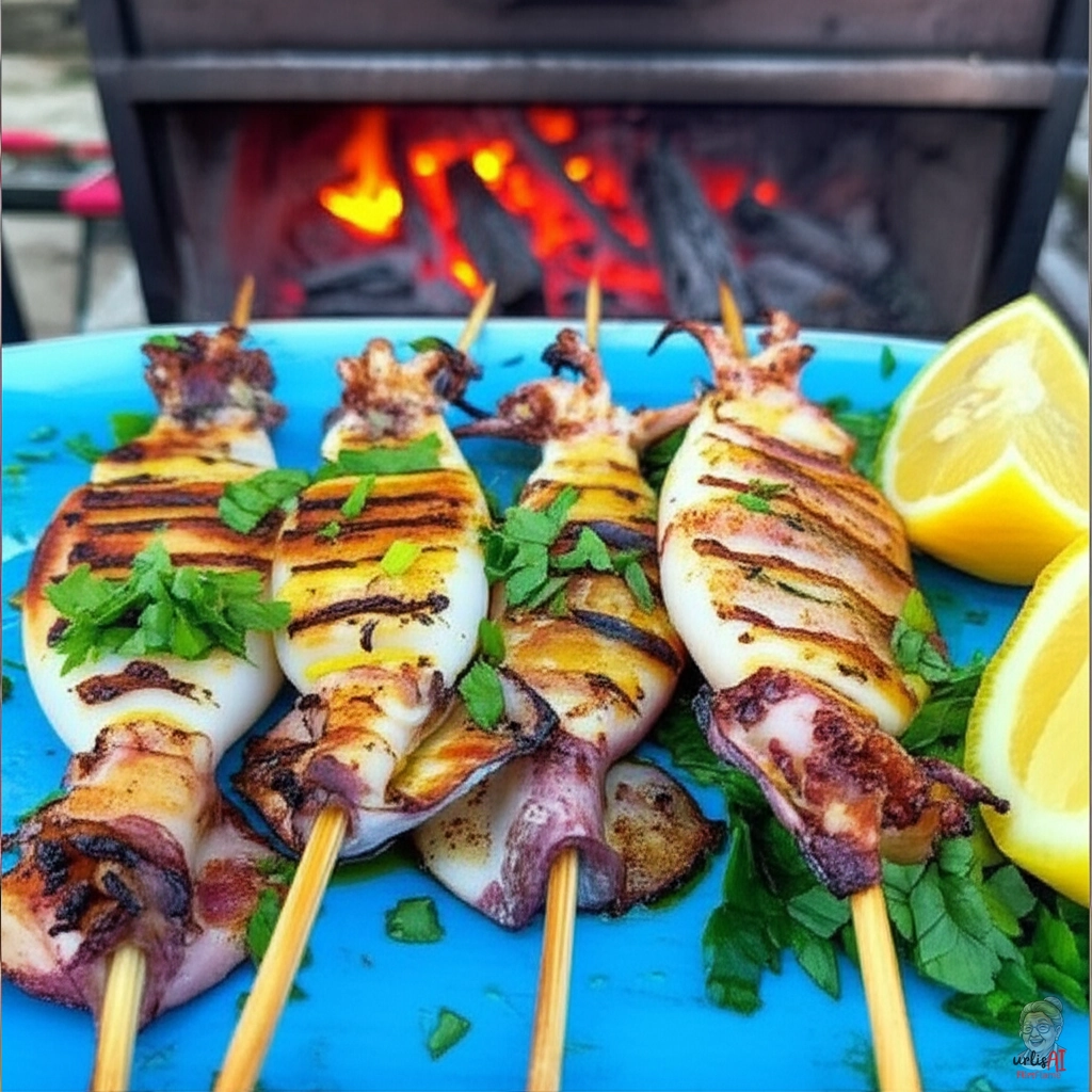 Calamari Grillspieße Knoblauch — Kohlegrill
