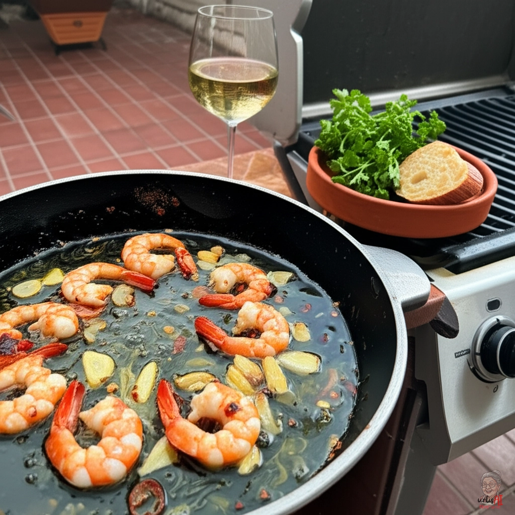 Brutzelnde Knoblauchgambas — Gasgrill